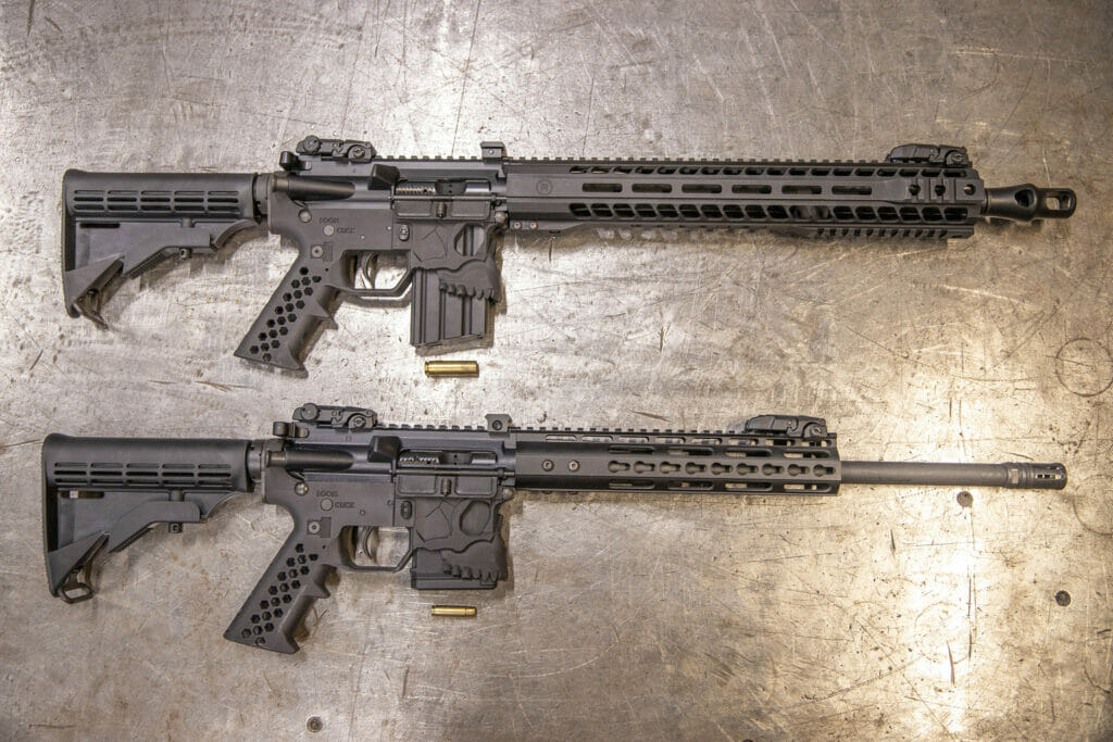 TOP: AR-15 chambered in .450 Bushmaster, BOTTOM: AR-15 chambered in .300 AAC Blackout. Both are utilizing a custom designed lower receiver that was also 3D printed at DeWys Engineering for a Firearm Design project.